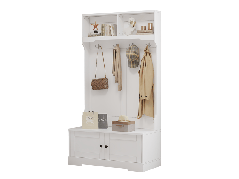  Meuble d'entrée pour chaussures avec banc, 2 portes, 2 niches et 4 crochets à fermeture douce, blanc, 101,5×183 cm  - Conforama A
