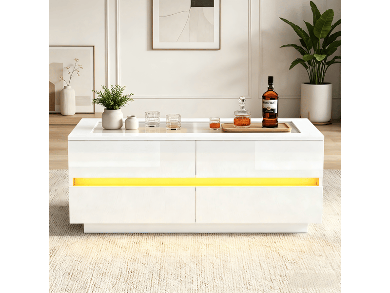  Table basse blanche moderne 100 x 50 x 40 cm, avec 4 tiroirs, éclairage led, plateau en verre trempé et façades brillantes. Table de salon robuste en panneaux de particules supportant une charge de 35 kg.  - Conforama B