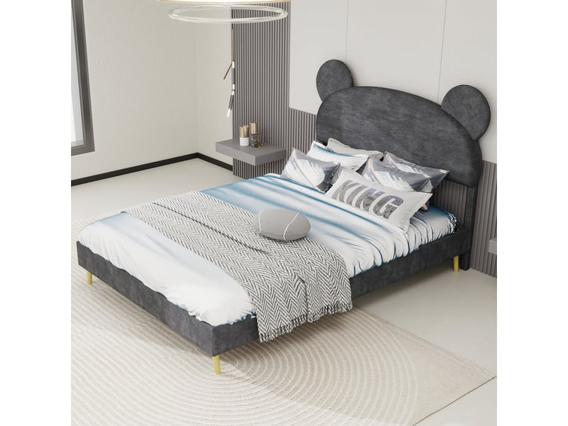  Lit enfant 140x200 cm avec tête cartoon, tissu et métal, gris, sans matelas  - Conforama E