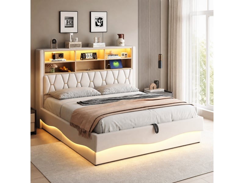  Lit coffre 180 x 200 cm beige avec led, port usb et rangement hydraulique  - Conforama B