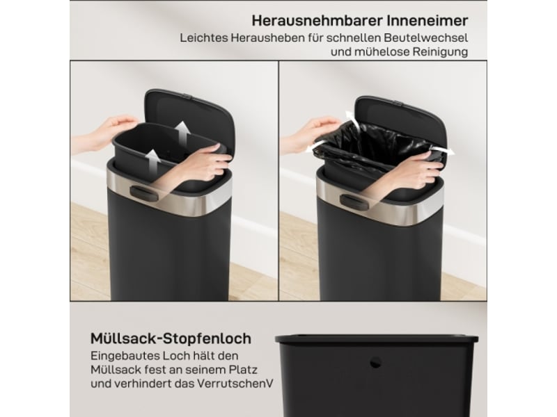  Poubelle de cuisine noire en inox, couvercle ouvert, bac intérieur amovible, 21,5x19,5x30 cm  - Conforama E