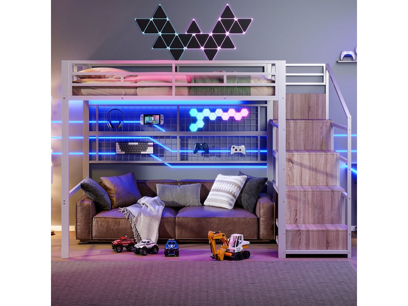  Lit mezzanine enfant 140x200 cm, penderie, escalier avec rangement, led 7 couleurs, métal et mdf, blanc Radiant Stride - Conforama D
