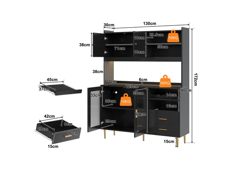  Buffet haut 130x40x172cm avec éclairage led, prises, casiers à bouteilles et étagères coulissantes, vitrine, noir evarich - Conforama C