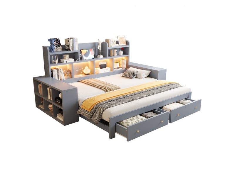  Lit enfant 90x200 cm extensible 180 cm, lit multifonctionnel avec rangement et led, bois gris, sans matelas  - Conforama A