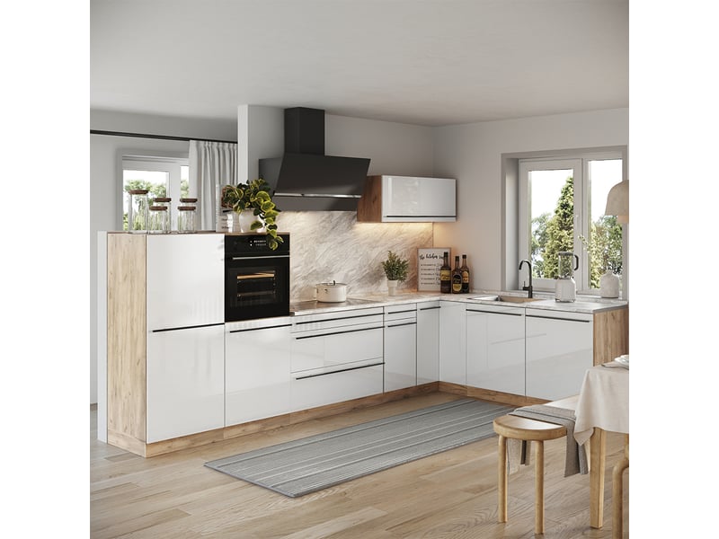 Vicco cuisine en angle, blanc haute brillancechêne doré, 347 x cm plan de travail chêne doré  - Conforama C