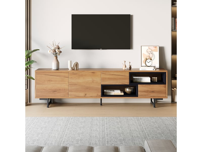  Meuble tv 173 cm pour tv jusqu'à 70 pouces avec rangements ouverts et tiroirs couleur bois  - Conforama E
