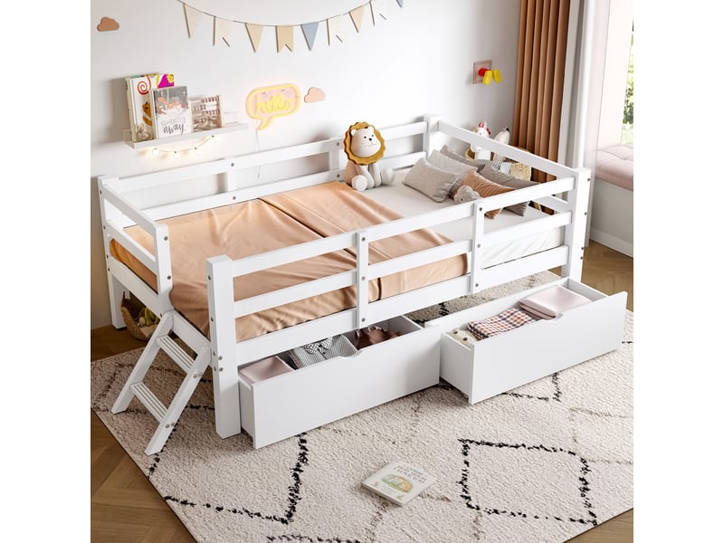  Lit enfant plateforme 90x200 avec barrières 2 tiroirs pin mdf blanc OPULERANE TRADING LTD - Conforama E