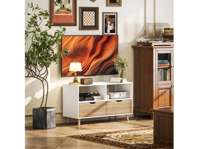  Meuble tv ulevr 99 cm avec 2 niches et 2 tiroirs, rangement câbles, panneau de particules blanc  - Conforama D