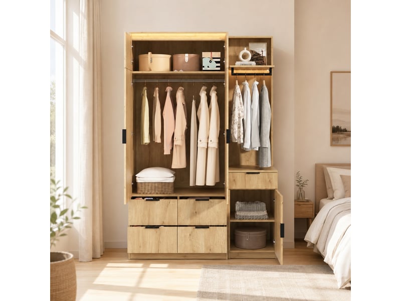  Vestiaire d'entrée 135 x 47 x 200 cm avec 2 tringles, 3 portes, 5 tiroirs, miroir et éclairage led pour chambre, anthracite et chêne  - Conforama D