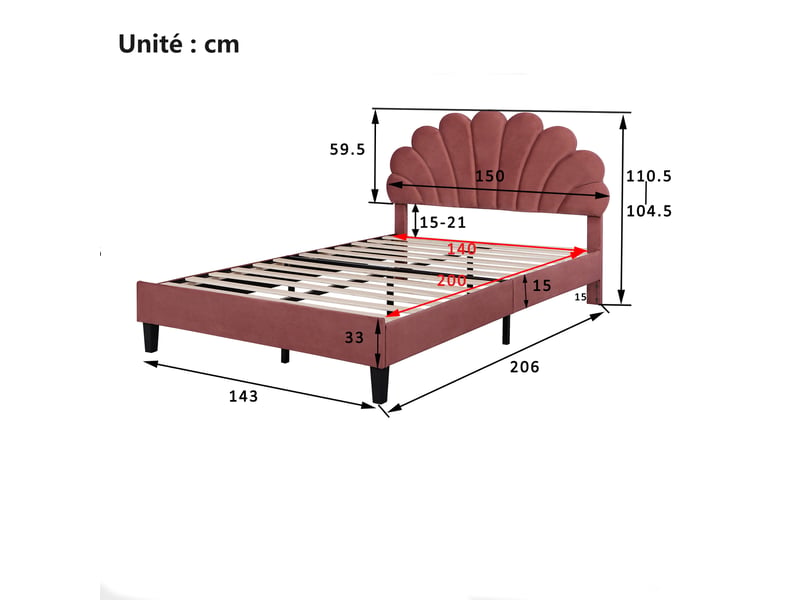  Lit double 140x200 cm - lit capitonné avec sommier à lattes et tête de lit, confort velours, rouge, sans matelas  - Conforama C