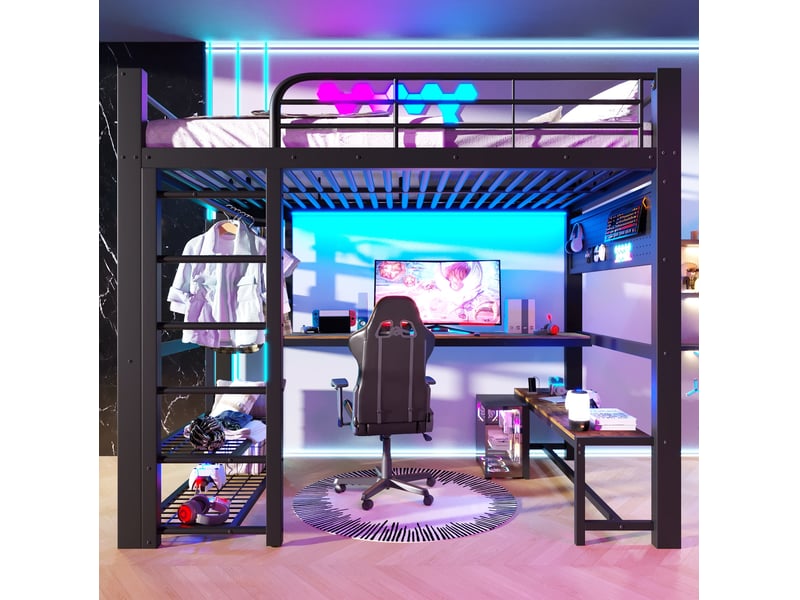  Lit mezzanine modenvie 140 x 200 cm en métal avec led, bureau en bois, étagères, tringle, noir, sans matelas  - Conforama D