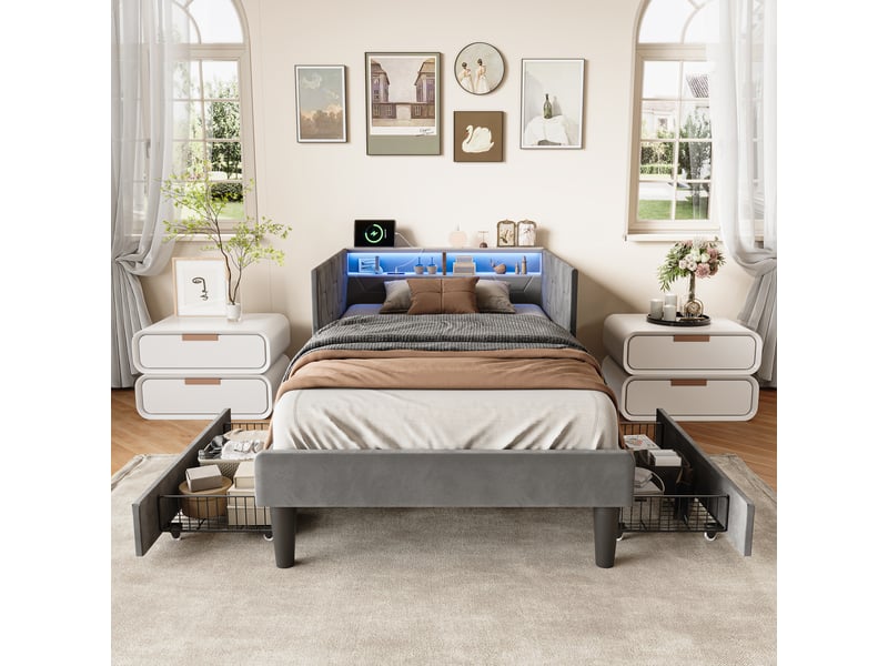 Lit banquette 90x200 cm avec led rgb et usb chargeur, canapé-lit rembourré avec rangement et tête de lit capitonnée lit ado avec tiroirs et cadre de lit à lattes gris velours, sans matelas - Conforama W