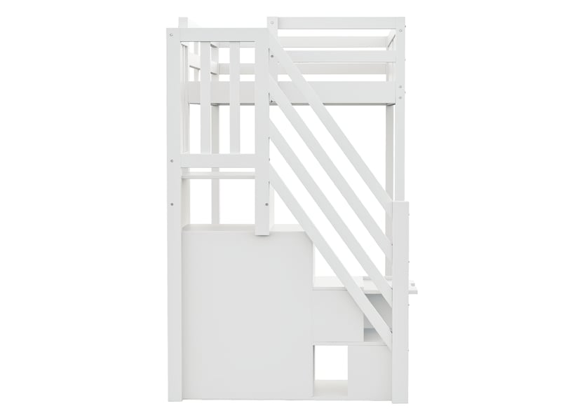  Lit mezzanine en bois blanc, lit simple 90x200 cm avec échelle réversible, rangements et garde-corps  - Conforama E