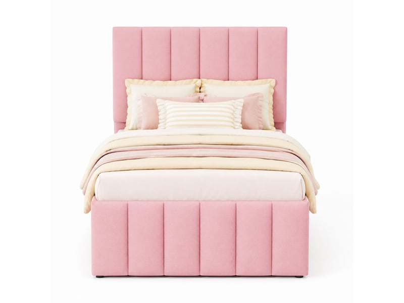  Lit gigogne enfant 200×90 cm et 190×90 cm avec 3 tiroirs, tête de lit réglable, sans matelas, en tissu rose  - Conforama A