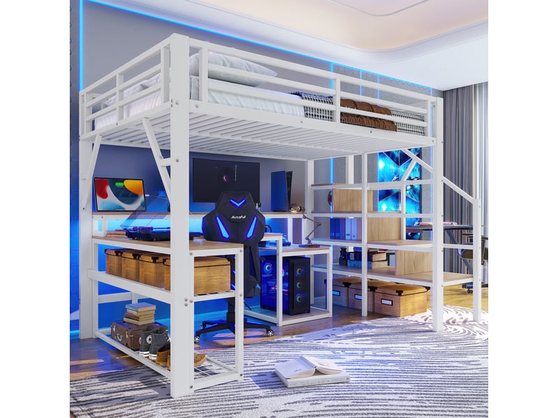  Lit mezzanine avec bureau intégré et rangements, métal et mdf, couchage 140 x 200 cm, blanc  - Conforama E