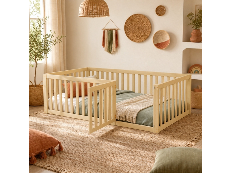Lit enfant au sol 90x200 cm avec barrière et porte, coloris naturel - Conforama C