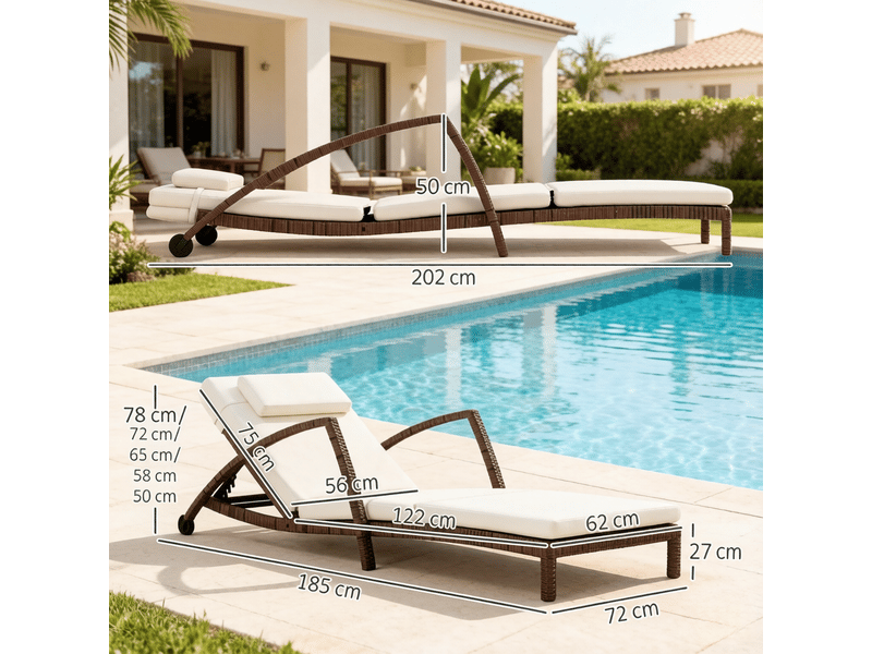 Chaise longue jardin,185x72x78 cm,réglable à roulettes,résine tressée,beige marron - Conforama C