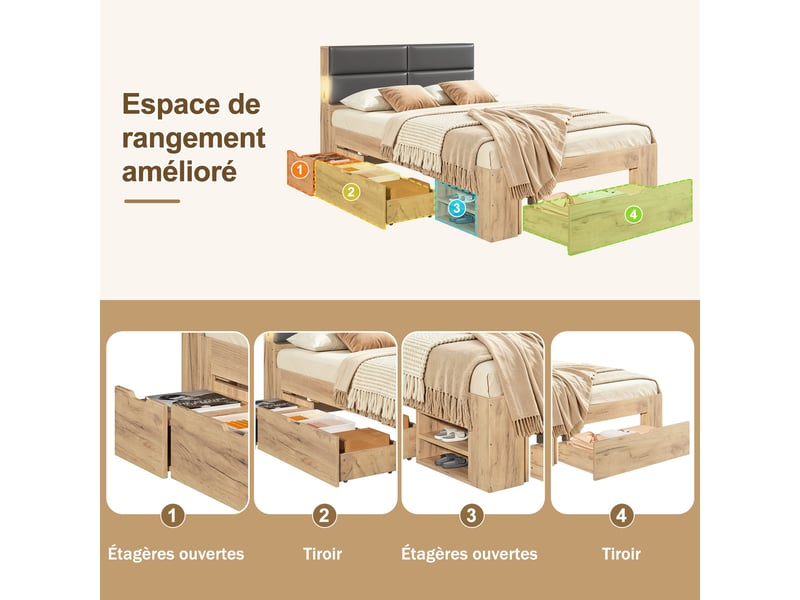  Lit enfant multifonction, 140 x 200 cm, avec port usb et grand espace de rangement, tête de lit rembourrée en pu, couleur naturelle  - Conforama E