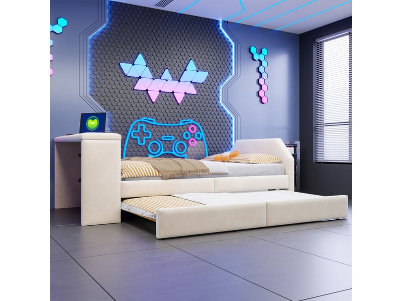 Lit pour enfant rembourré 90x200 cm – avec port de charge usb – avec lit gigogne – velours – beige (matelas non inclus) - Conforama E