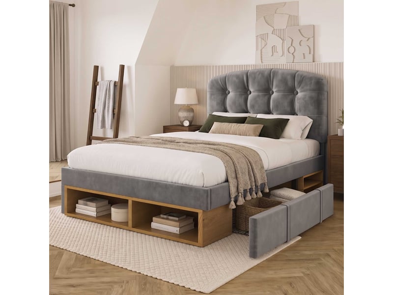  Lit rembourré 90x200cm, tiroirs et rangements, tête de lit réglable, sommier, velours gris, sans matelas C-DEGAYUN - Conforama B