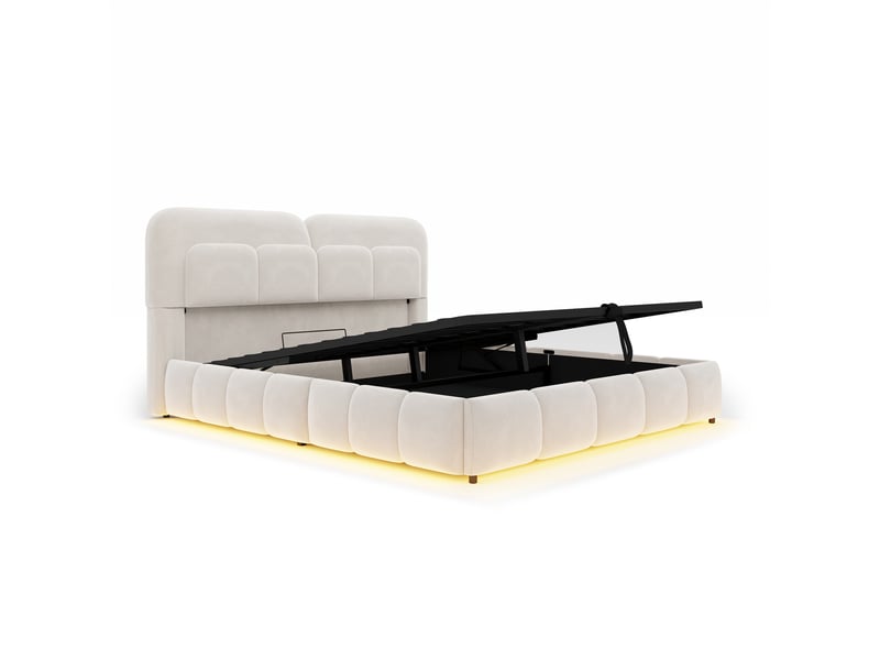 Lit double velours beige 140x200 cm avec rangement hydraulique, led et tête rembourrée - Conforama E