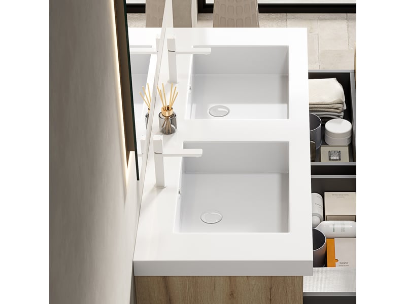 Vasque double à poser en résine blanche, deux cuves ergonomiques et bords arrondis pour salle de bain 120 × 46 × 5 cm - Conforama D
