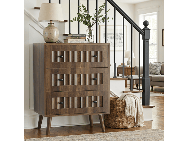 Commode 3 tiroirs avec façades rainurées et poignées noires pour chambre ou entrée en mdf noyer 60 × 40 × 78 cm - Conforama A
