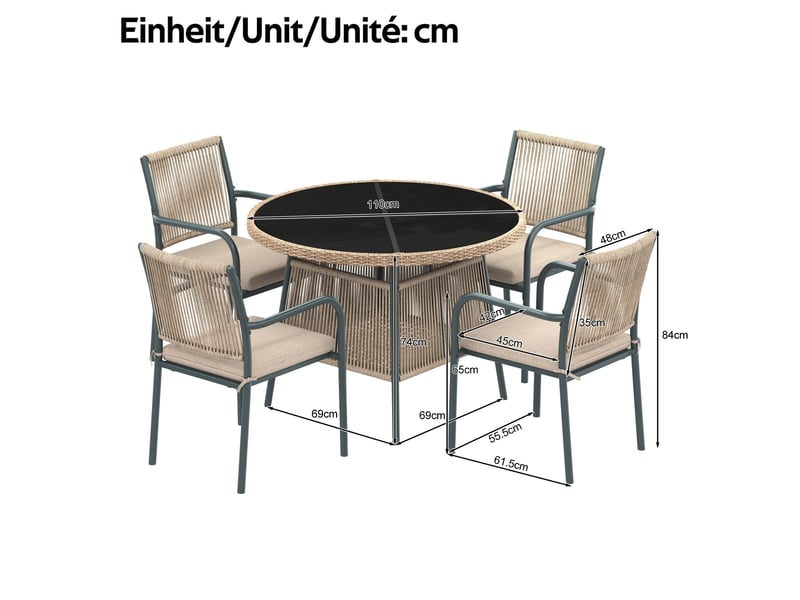  Salon de jardin 5 pièces gris, table ronde 110 cm en verre trempé, 4 fauteuils avec coussins pour terrasse  - Conforama C