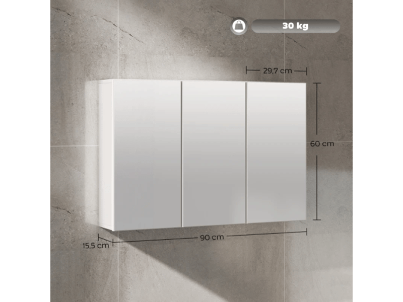 Armoire de salle de bain blanche 90x15,5x60 cm, 3 portes miroir, murale, en panneaux de particules - Conforama C