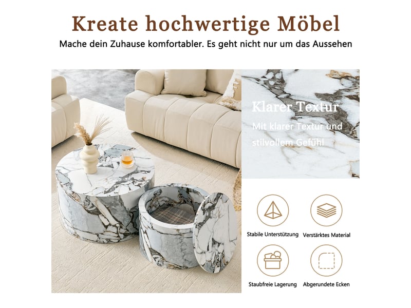  Lot de 2 tables basses gigognes rondes, avec rangement intégré, ø 62,844 cm, h 3529 cm, effet marbre blanc et gris, rangement intérieur, pour salon Luxe haut de gamme - Conforama D