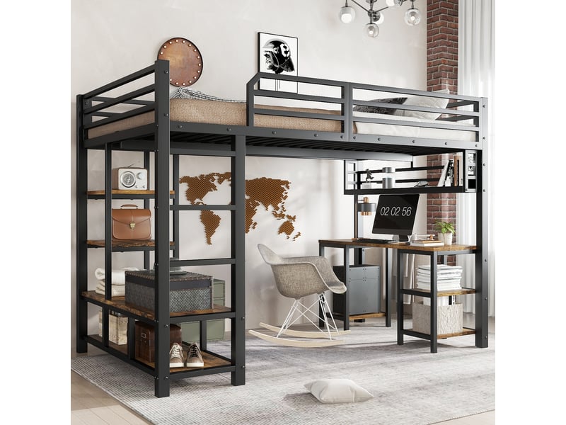  Lit superposé en métal avec bureau et étagère 120x200 cm noir et noyer foncé métal et bois rangement  - Conforama B