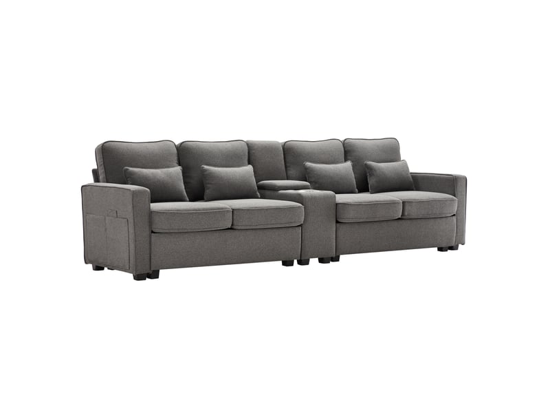  Canapé 4 places modenvie avec console, 2 porte-gobelets et 2 ports usb, gris foncé, 290 x 83 x 88 cm  - Conforama A