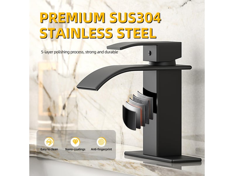  Robinet de lavabo moderne noir mat effet cascade avec poignée unique, compatible 17*15.2cm Washbasin faucet - Conforama E