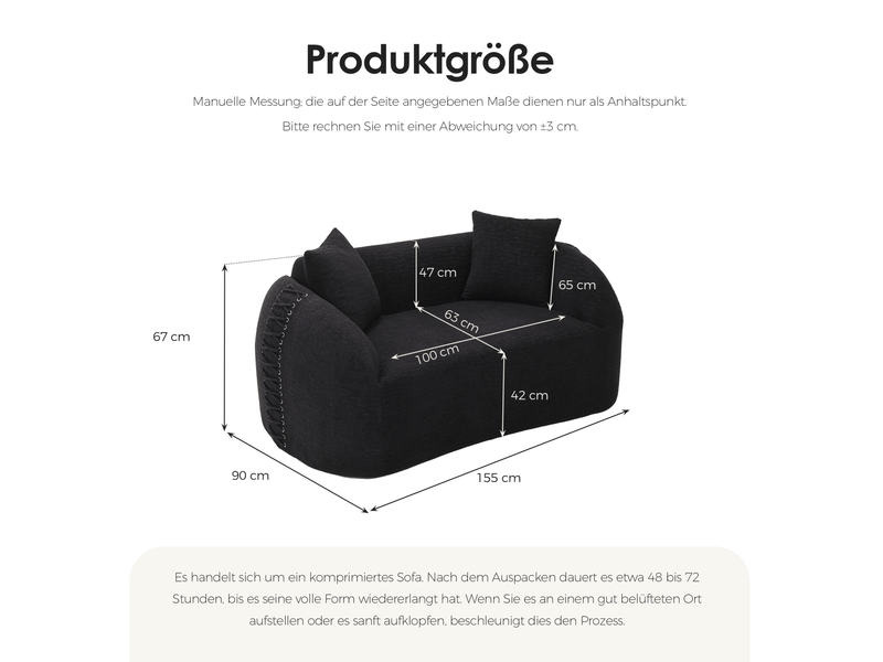  Canapé modulaire 2 places courbe 155x90 cm – noir – chenille, 2 coussins, livré compressé sans montage  - Conforama C