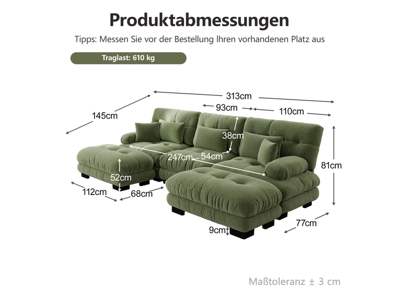 Canapé d'angle modulable convertible 3 places en chenille vert avec ottomans mobiles - 313 x 145 x 81 cm  - Conforama E