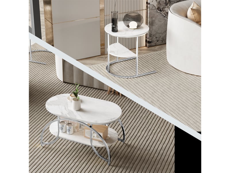  Table basse à imitation marbre blanc, structure métallique argentée, étage de rangement, style moderne pour salon  - Conforama D