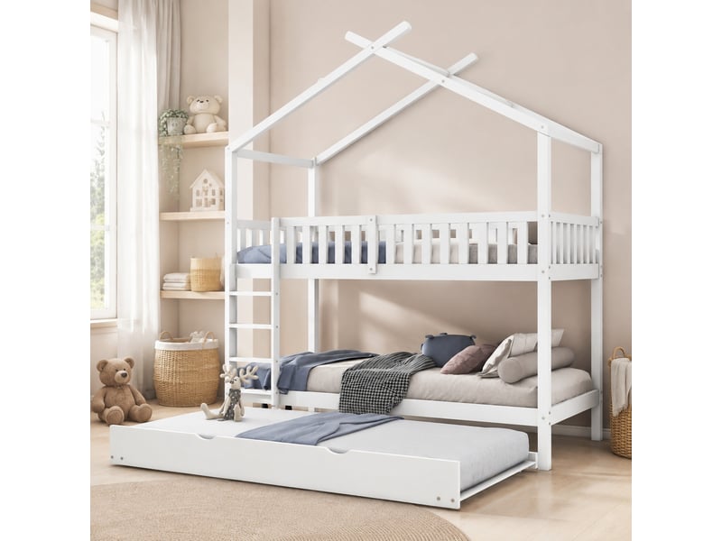  Lit superposé cabane 90x200 cm blanc avec lit gigogne  - Conforama E