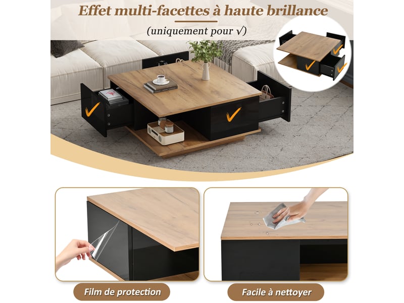  Table basse carrée 70x70 noir et bois, table de salon avec 3 tiroirs et rangement semi-ouvert, finition brillante  - Conforama R