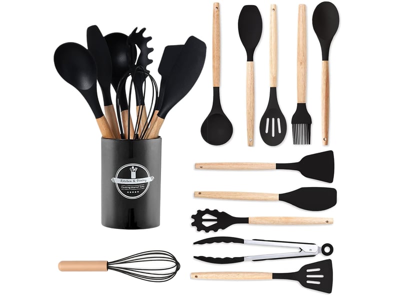 Set de 12 ustensiles de cuisine en silicone et bois noir avec support chicfurn  - Conforama R