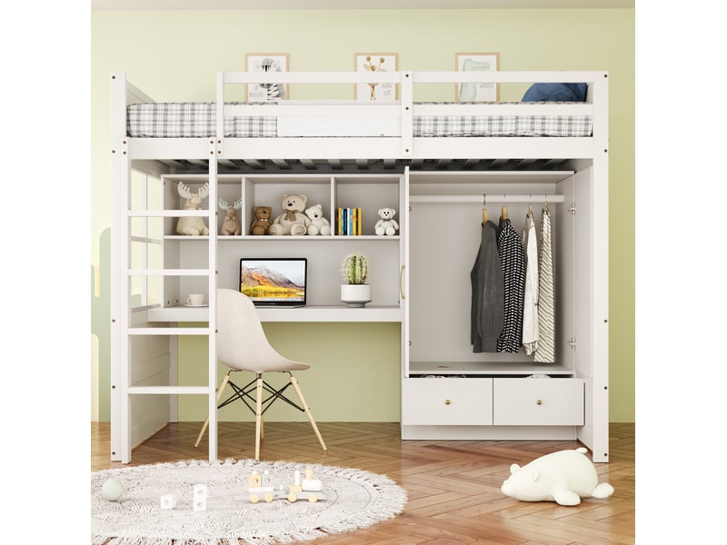  Lit mezzanine, 90x200 cm, lit en hauteur, avec bureau, avec armoire, tiroirs, matelas non inclus, bois, coloris blanc  - Conforama D
