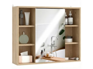 Meuble salle de bain avec miroir, placard à portes et 6 compartiments ouverts, 60 x 14,5 x 49,4 cm, bois naturel