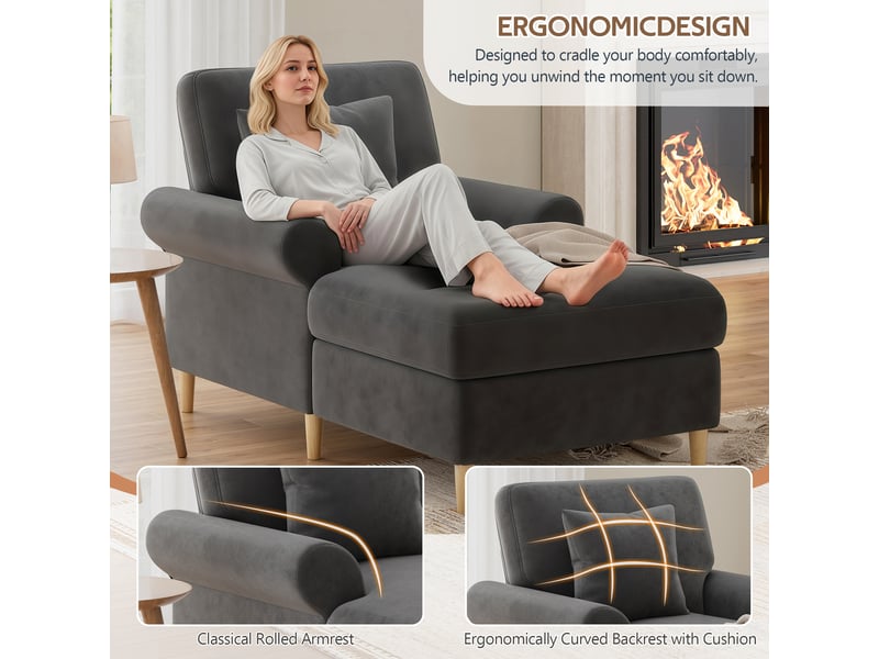  Canapé fauteuil relax xxl 133 x 87 x 90 cm convertible en lit, fauteuil lounge de lecture avec repose-pieds, coussin lombaire, revêtement velours - gris  - Conforama E