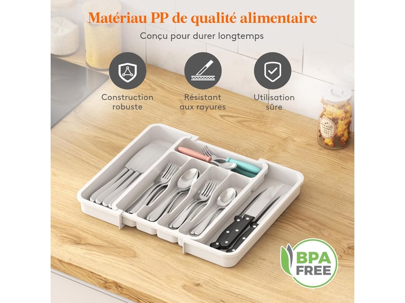  1 tiroir à couverts extensible blanc de 33,5 x 37,5 cm, boîte de rangement pour couverts (convient aux cuillères, fourchettes, couteaux)  - Conforama E