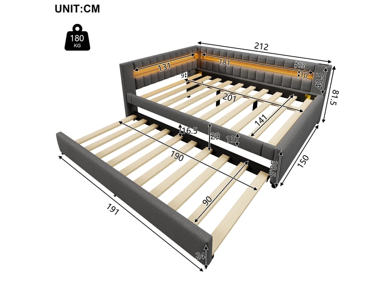  Lit banquette 140x200 en lin gris avec led - lit gigogne 90x190 et ports usbtype-c intégrés  - Conforama C