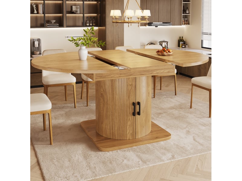  Table à manger extensible 118-158x118x76cm, plateaux amovibles, rangement, plateau en aggloméré et cadre métal finition naturelle, table de cuisine  - Conforama D