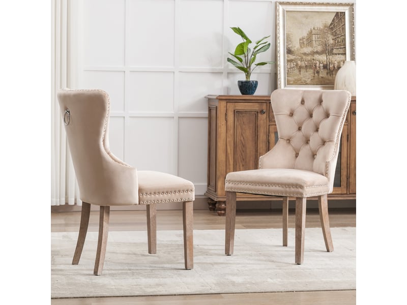  Lot de 2 chaises de salle à manger en velours beige, pieds réglables en bois  - Conforama C