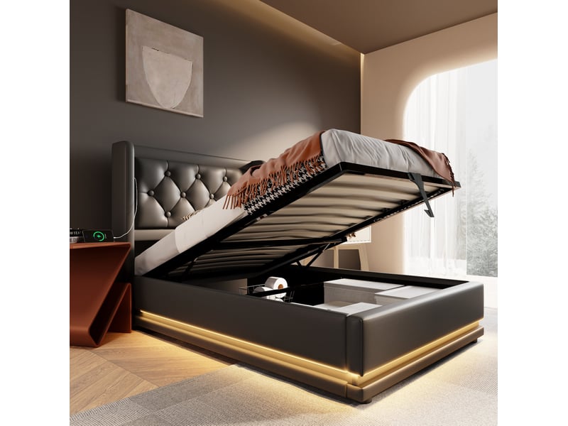  Modenvie lit coffre 90x200 cm - tête de lit capitonnée, led 3 faces, sans matelas - noir  - Conforama E