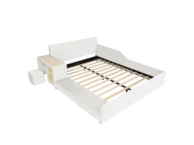  Lit rembourré- lit simple 140x200cm- lit d'enfant avec bureau d'enfant- tabouret et lattes en bois- velours- blanc  - Conforama A