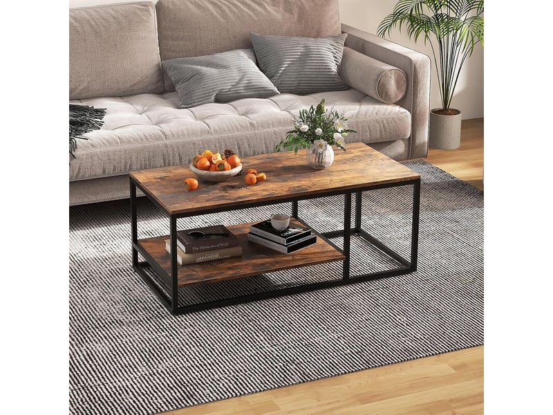 Table basse salon 2 niveaux avec étagère de rangement, tablle basse bois industriel cadre en métal, 105 x 50 x 42,5 cm marron rustique  - Conforama A