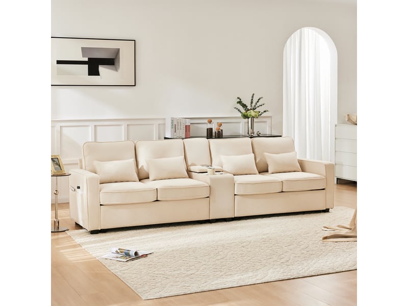  Canapé 4 places, canapé de salon — avec accoudoirs, en lin, porte-gobelets, port usb  - Conforama D